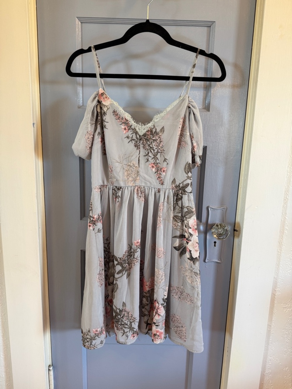 Lulu's Light Blue Floral Cold-Shoulder Mini Dress with Pink Accents